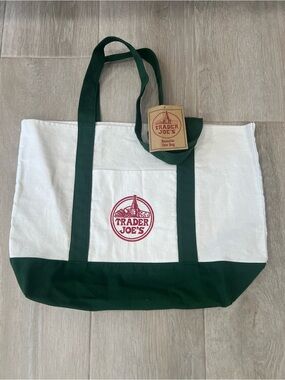 Trader Joe's White Canvas Tote with Dark Green Trim